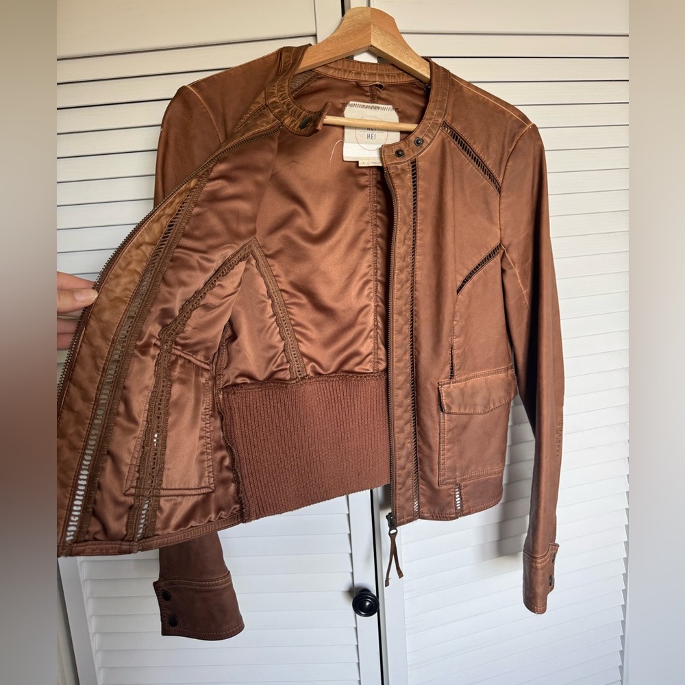 Hei Hei Anthropologie Brown Moto Jacket Petite Ribbed Hem Biker Full Zip | Small - Picture 6 of 10